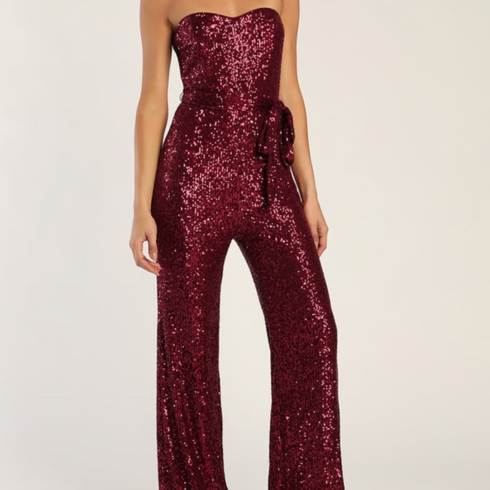 Flirty Moves Wine Red Sequin Strapless Wide-Leg Jumpsuit